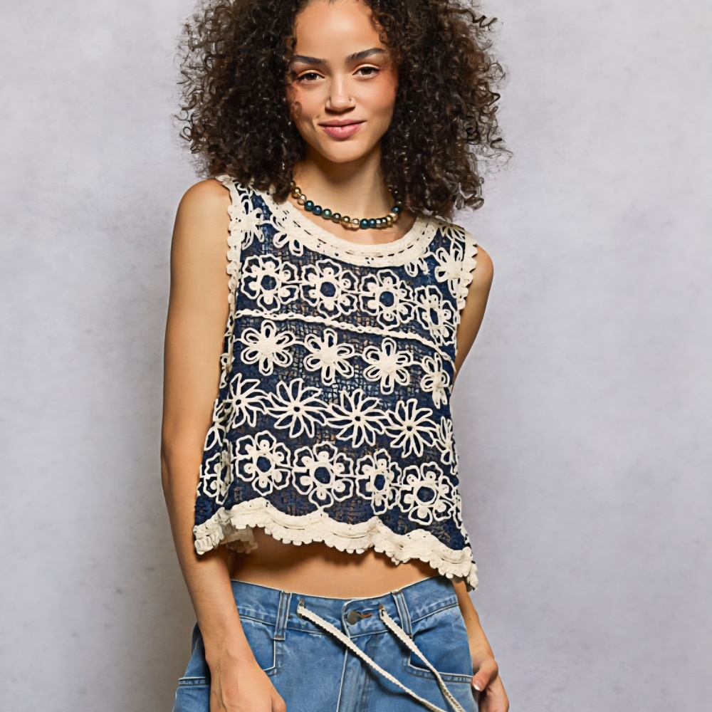 POL One Size Navy & Ivory Crochet Floral Boho Tank Top | Festival Cottagecore